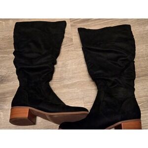 Lane Bryant Black Faux Suede Slouchy Tall Block Heel Boots Womens 9.5 Wide